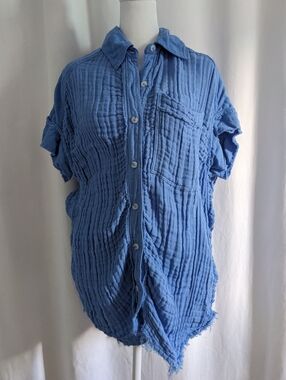 We the Free Top Womens XS Blue Short Sleeve Button Up Oversize Gauze Cotton